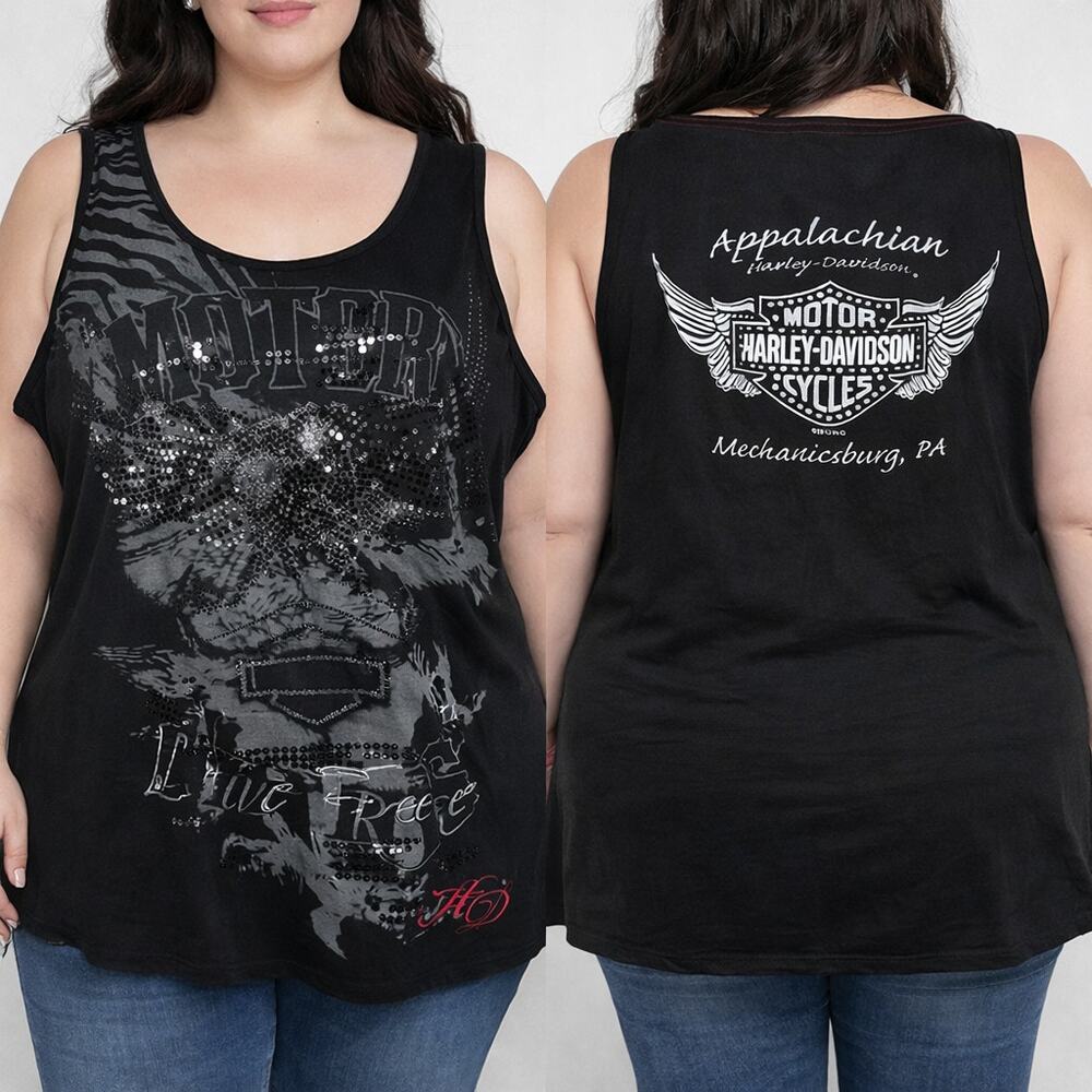 Harley-Davidson Rhinestone Tank Top 1X Black Biker Graphic 2013 USA